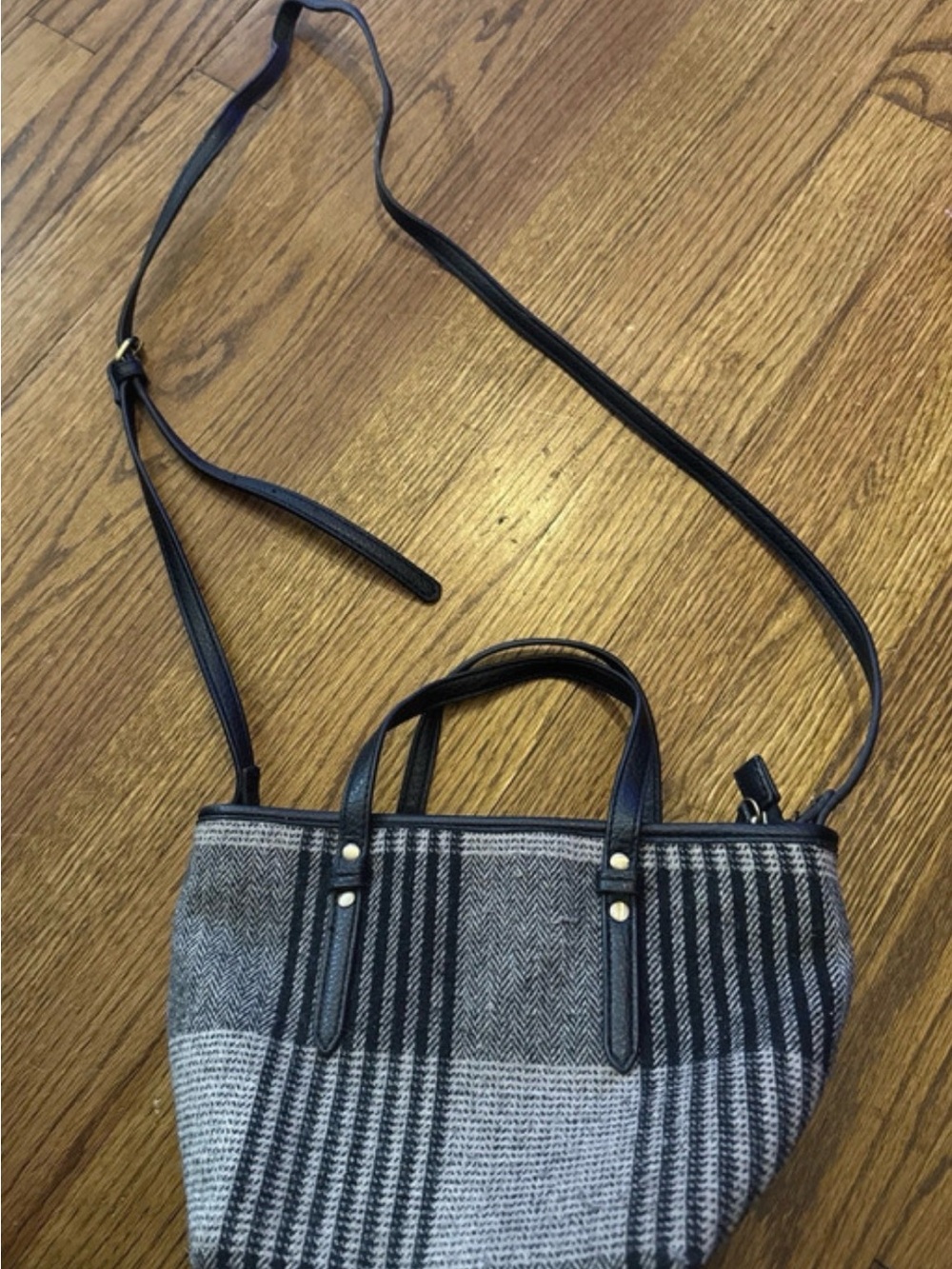 Gray Plaid Crossbody Tote Bag with Black Trim